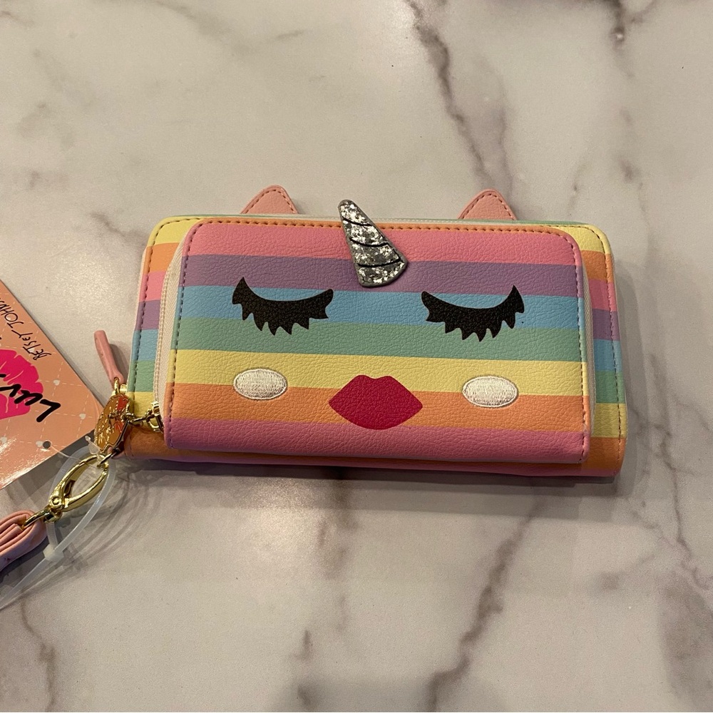 BETSEY JOHNSON Rainbow Striped Unicorn Kitty Cat Wallet Wristlet - Picture 3 of 8